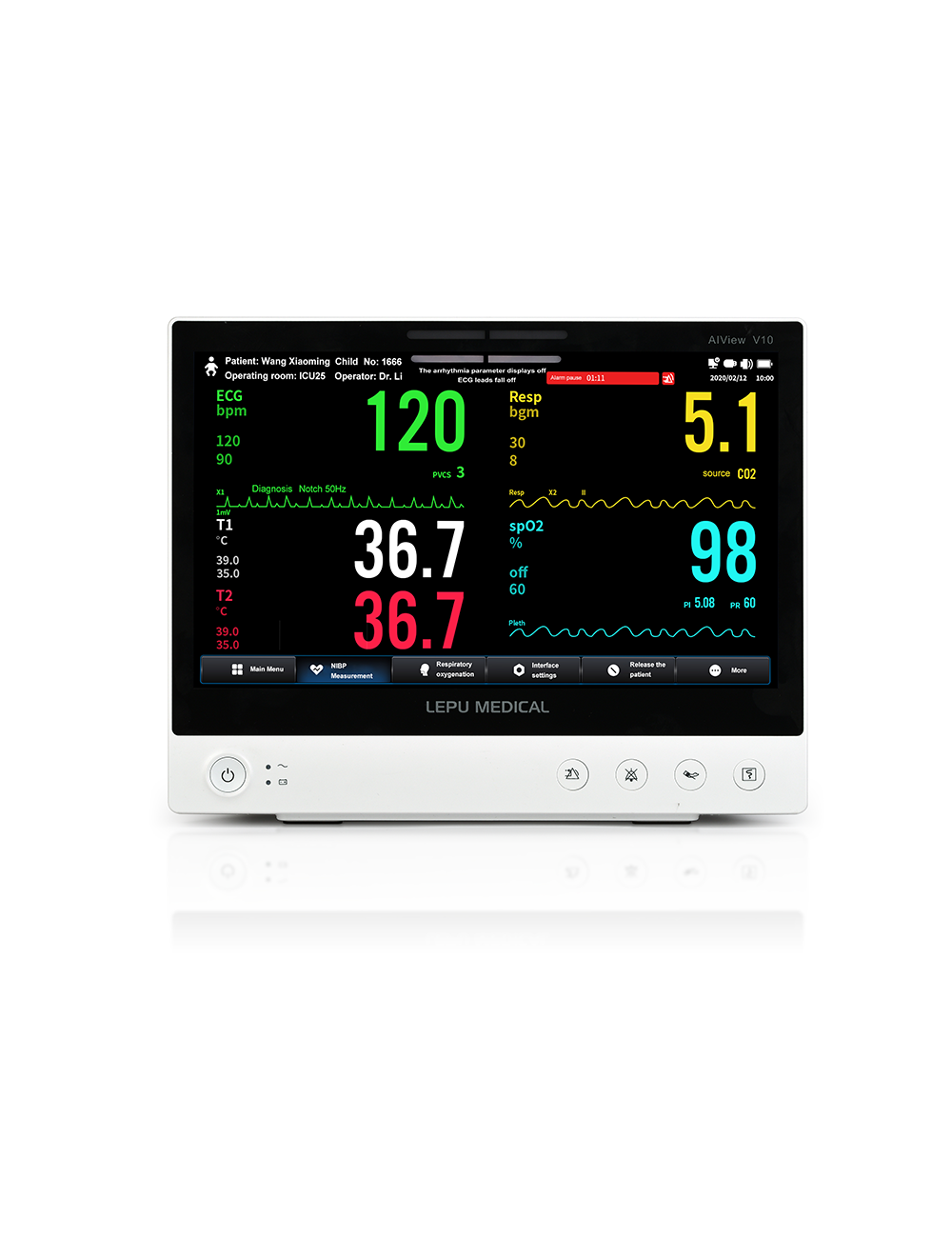 Monitor AIView V10 5 canales ECG con pantalla táctil de 10”