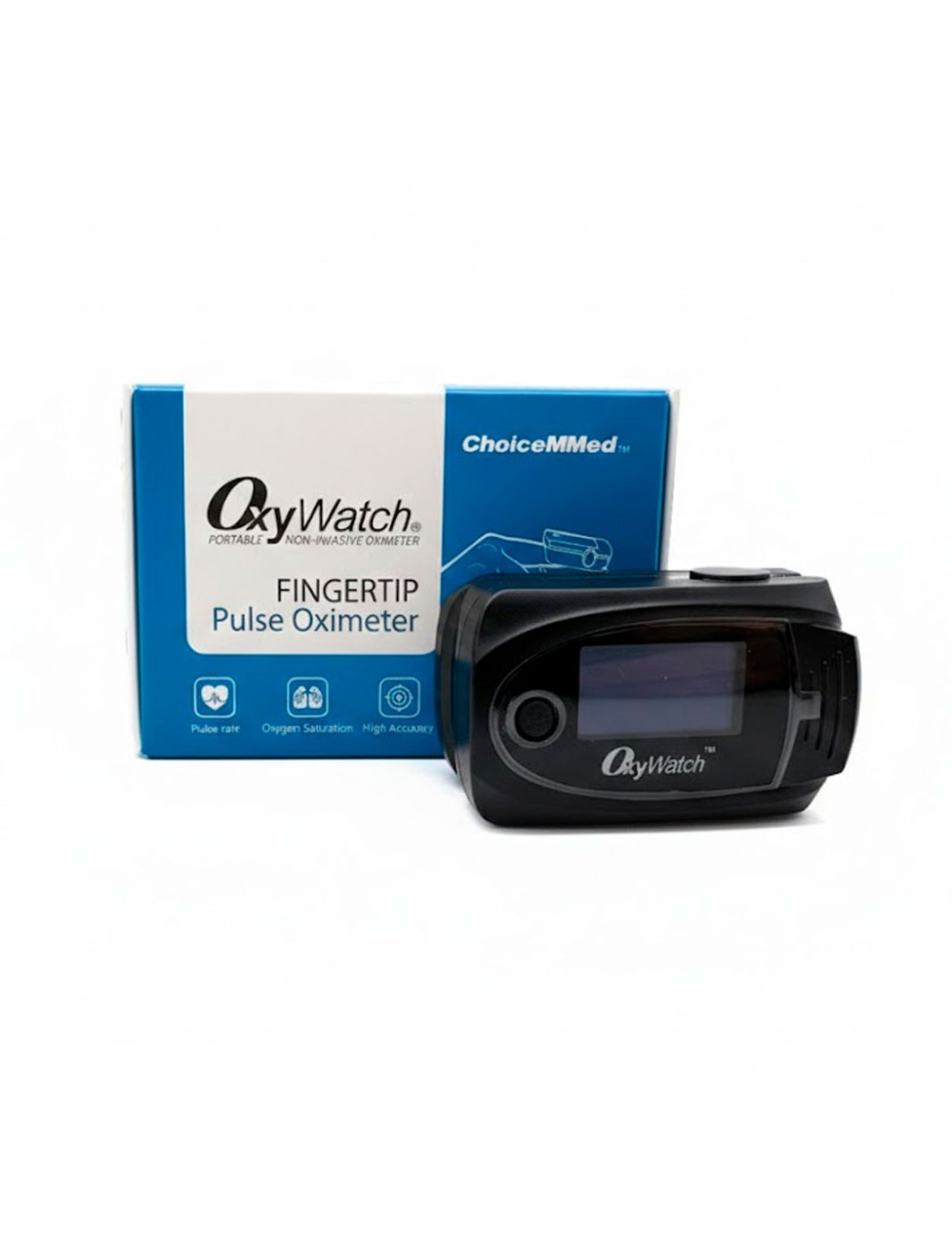 Interfaz digital del oxímetro Choicemmed con indicadores de batería baja y niveles de pulso.