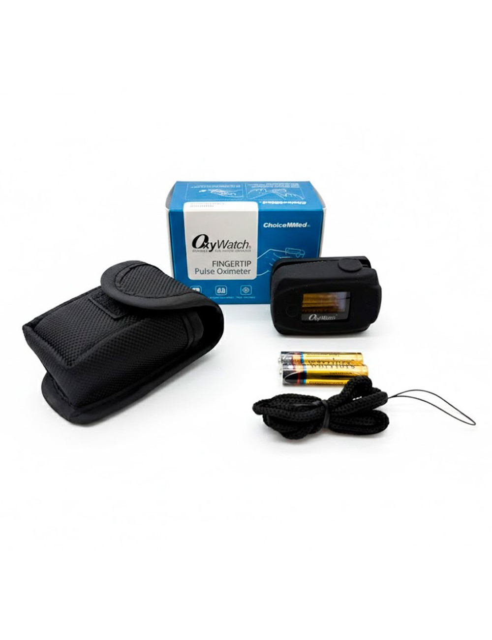 Kit de pulsioxímetro Choicemmed MD300C63 con funda de silicona, estuche textil, pilas y cordón de sujeción.