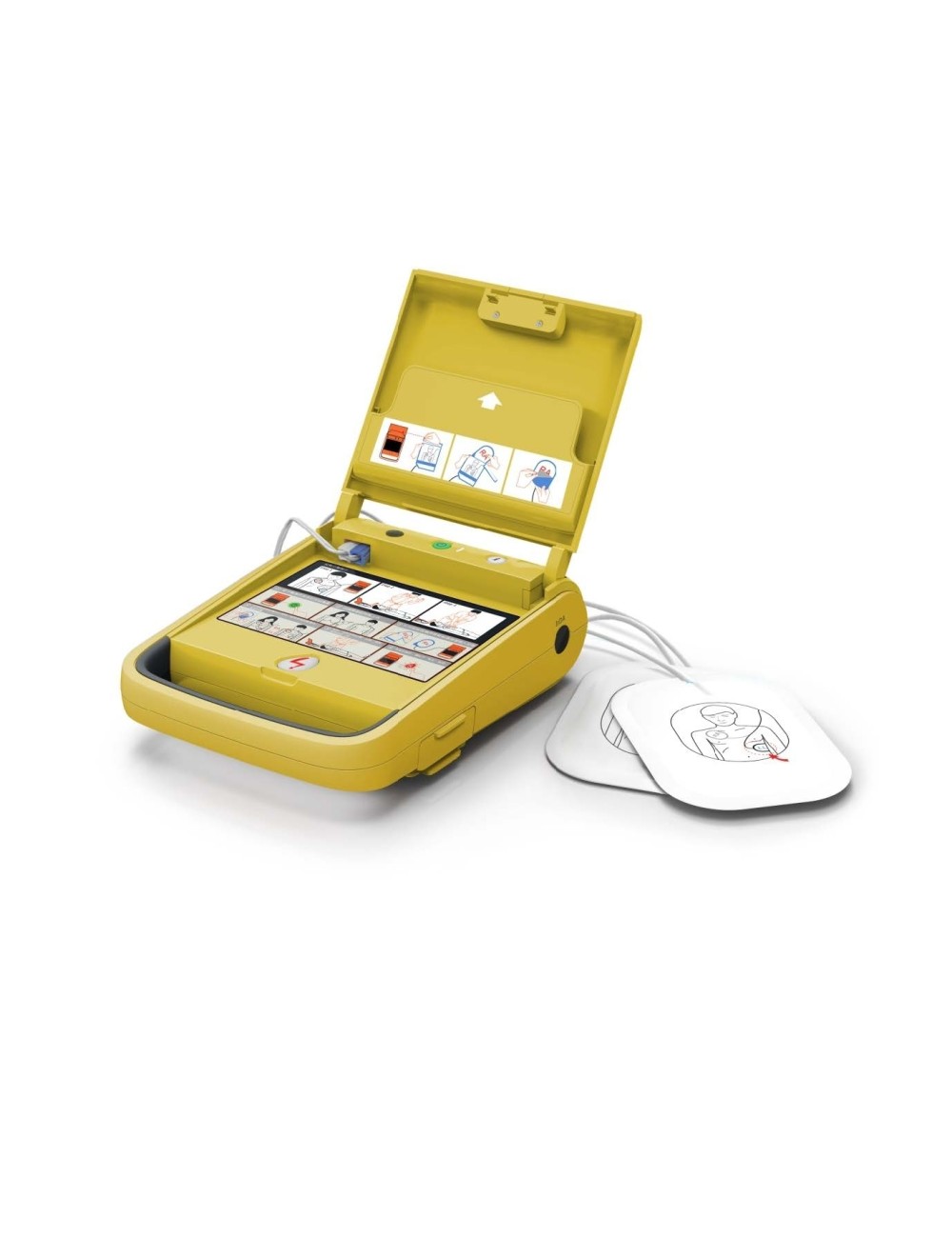 Desfibrilador semiautomático i3 con pantalla de guías visuales y botón de descarga.
